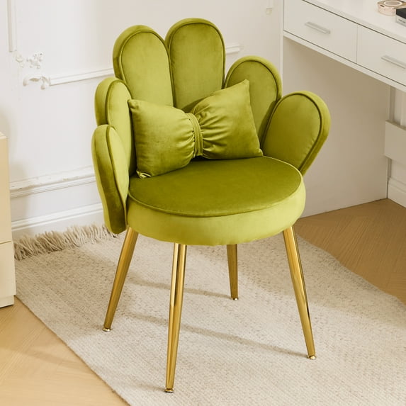 Ktaxon Vanity Makeup Chair Comfy Accent Chair Small Office Chair with Flower Back and Lumbar Pillow for Living Dining Room Bedroom Home Office Velvet Green