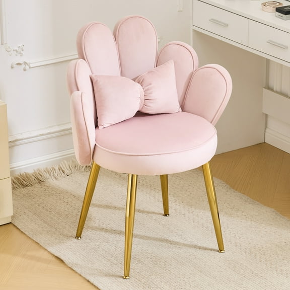 Ktaxon Vanity Makeup Chair Comfy Accent Chair Small Office Chair with Flower Back and Lumbar Pillow for Living Dining Room Bedroom Home Office Velvet Pink