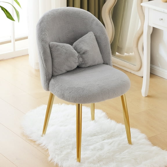 Ktaxon Vanity Makeup Chair Comfy Accent Chair Small Office Chair for Living Dining Room Bedroom Home Office Faux Rabbit Hair Gray