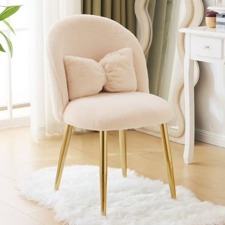 Ktaxon Vanity Makeup Chair Comfy Accent Chair Small Office Chair for Living Dining Room Bedroom Home Office Faux Rabbit Hair Light Khaki