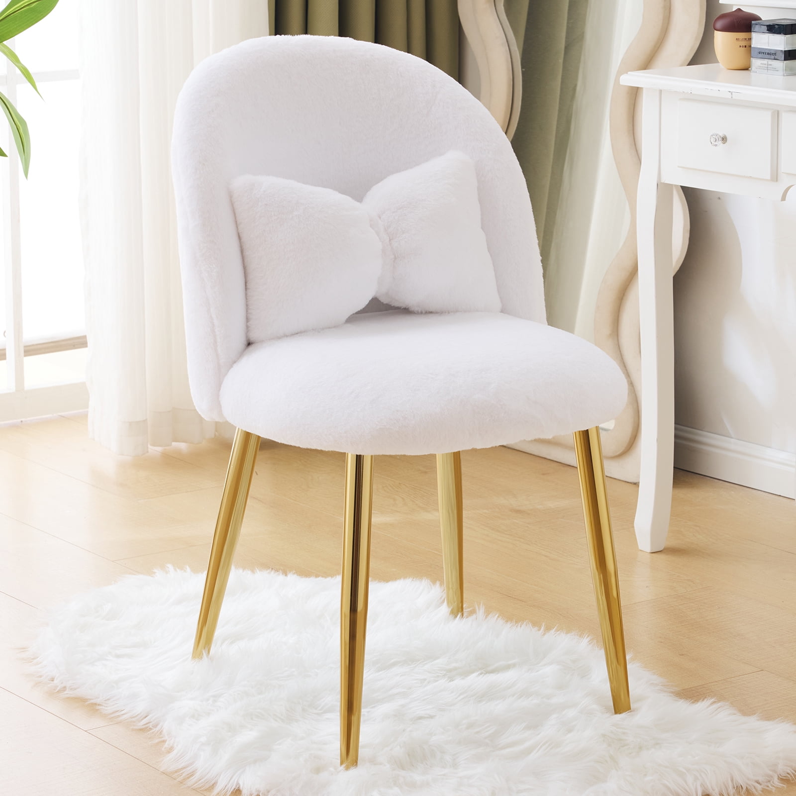 Ktaxon Vanity Makeup Chair Comfy Accent Chair Small Office Chair for Living Dining Room Bedroom Home Office Faux Rabbit Hair White