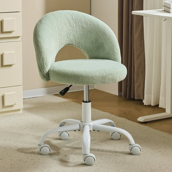 Ktaxon Vanity Makeup Chair Comfy Cute Accent Chair Small Swivel Task Office Chair with Wheels Faux Rabbit Hair Green