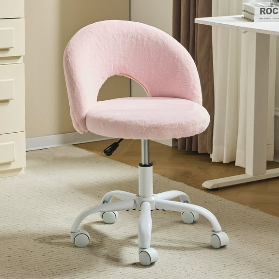 Ktaxon Vanity Makeup Chair Comfy Cute Accent Chair Small Swivel Task Office Chair with Wheels Faux Rabbit Hair Pink