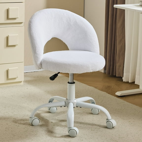 Ktaxon Vanity Makeup Chair Comfy Cute Accent Chair Small Swivel Task Office Chair with Wheels Faux Rabbit Hair White