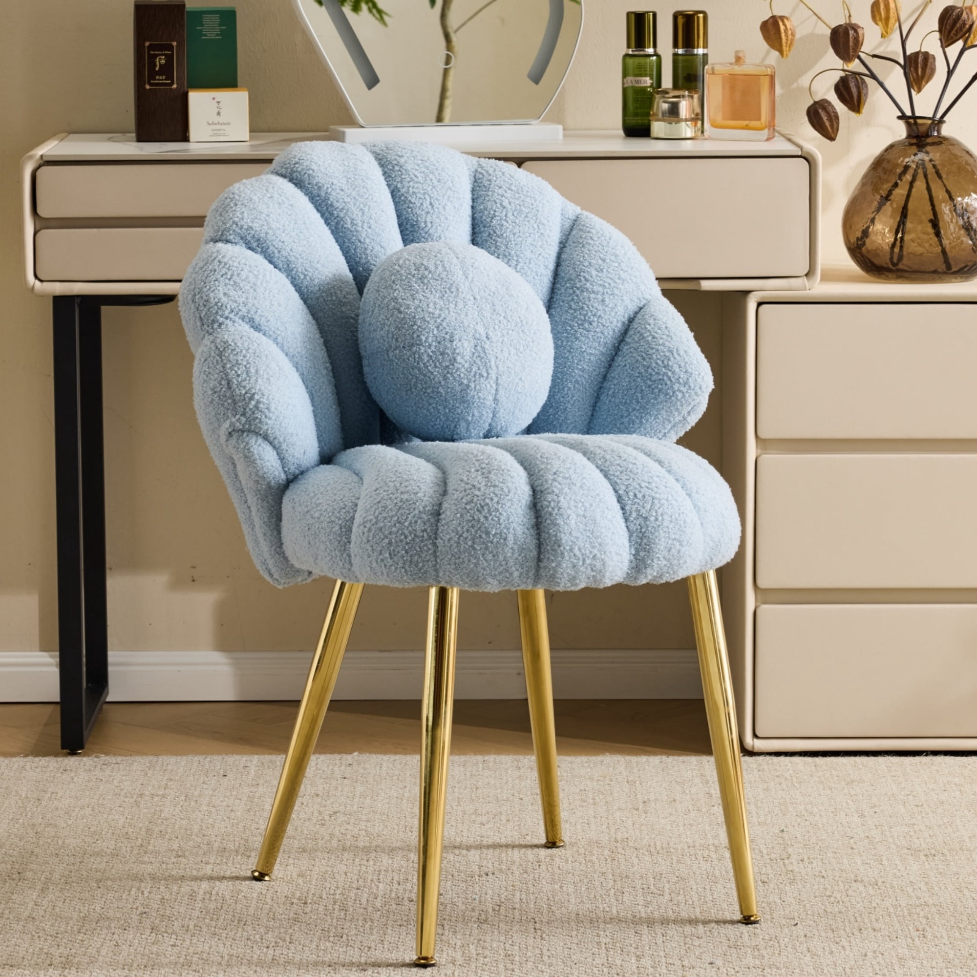 Ktaxon Vanity Makeup Chair with Teddy Velvet, Shell Design Accent Desk Chair with Lumbar Pillow and Gold Legs, Office Seating for Women Blue