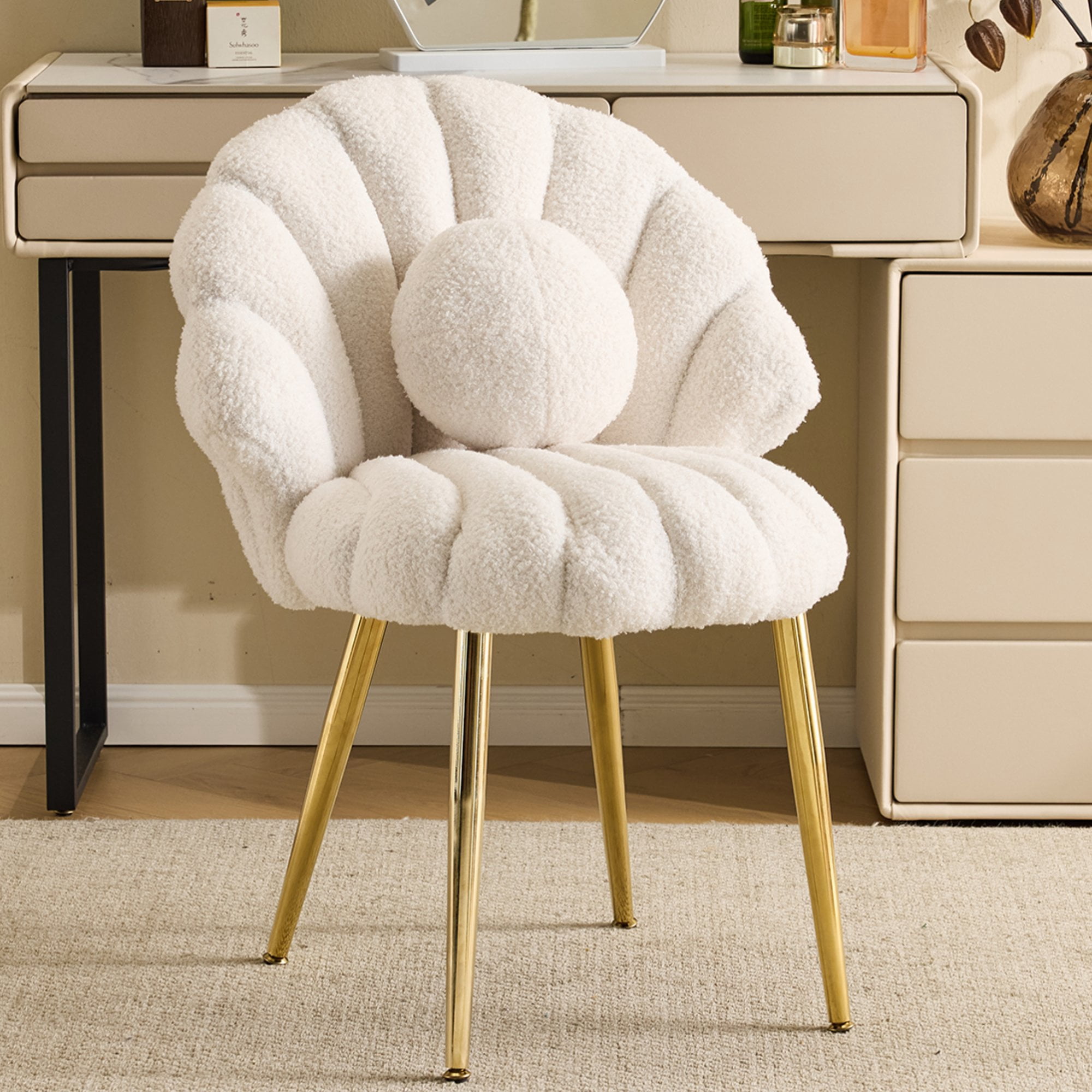 Ktaxon Vanity Makeup Chair with Teddy Velvet, Shell Design Accent Desk Chair with Lumbar Pillow and Gold Legs, Office Seating for Women Light Khaki