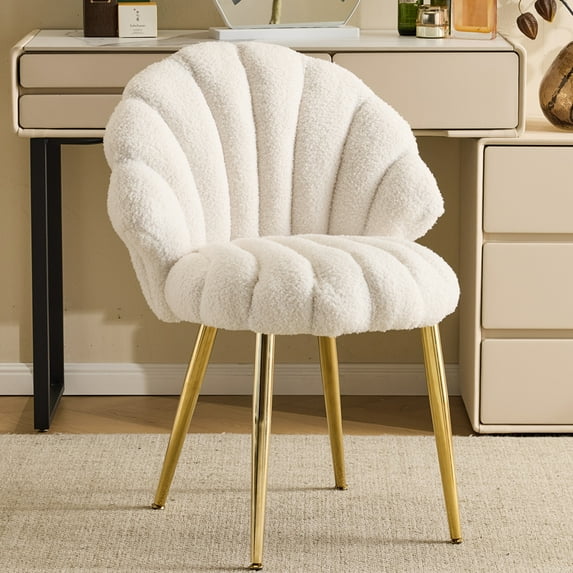 Ktaxon Vanity Makeup Chair with Teddy Velvet, Shell Design Accent Desk Chair with Lumbar Pillow and Gold Legs, Office Seating for Women Light Khaki