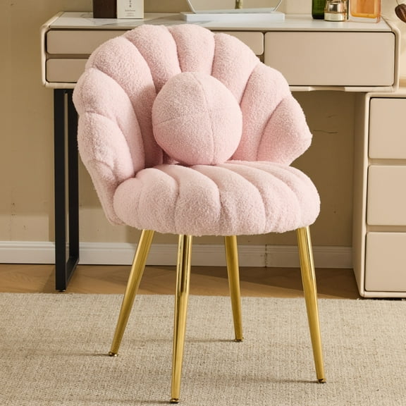 Ktaxon Vanity Makeup Chair with Teddy Velvet, Shell Design Accent Desk Chair with Lumbar Pillow and Gold Legs, Office Seating for Women Pink