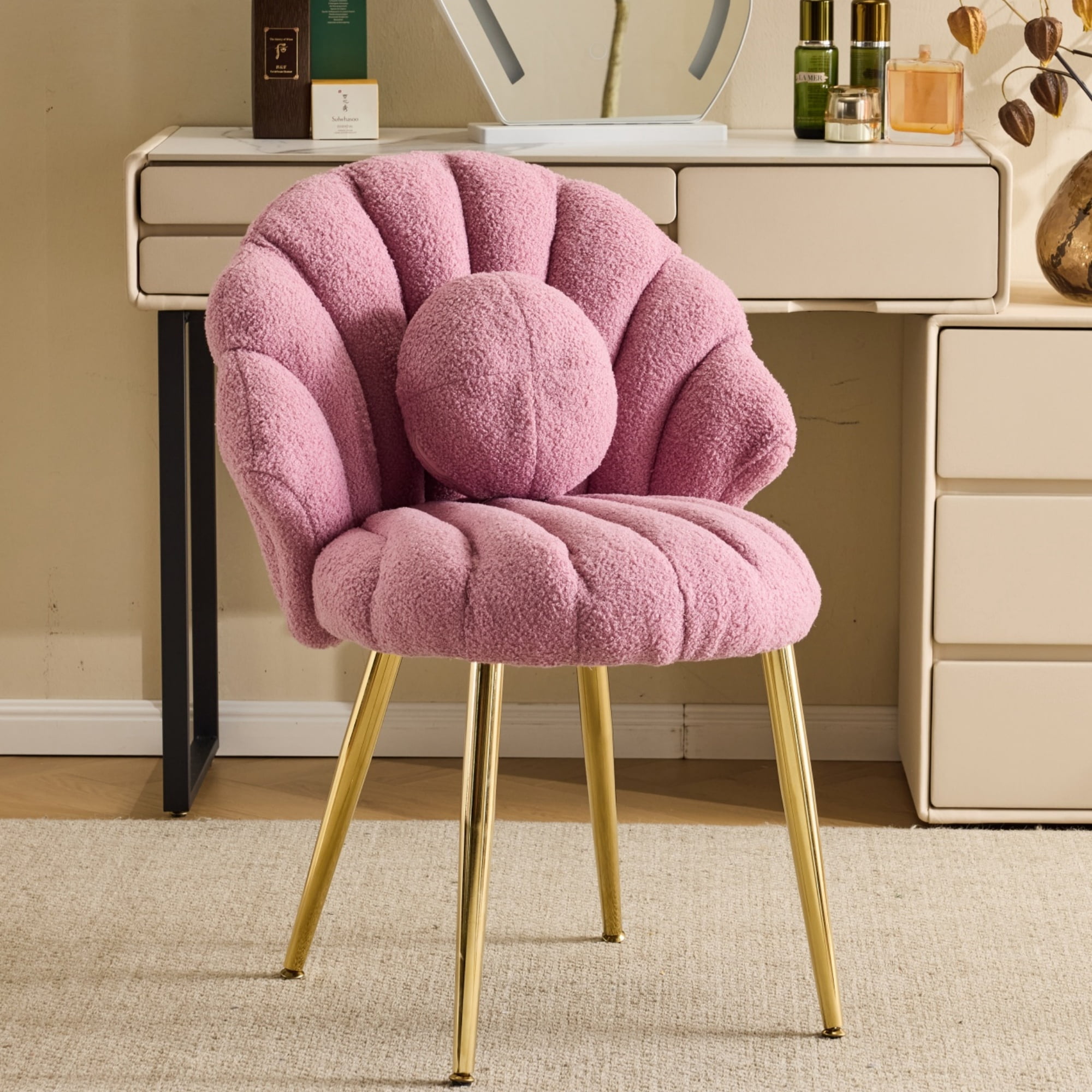 Ktaxon Vanity Makeup Chair with Teddy Velvet, Shell Design Accent Desk Chair with Lumbar Pillow and Gold Legs, Office Seating for Women Purple