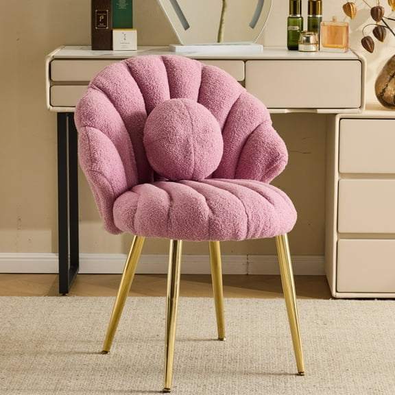 Ktaxon Vanity Makeup Chair with Teddy Velvet, Shell Design Accent Desk Chair with Lumbar Pillow and Gold Legs, Office Seating for Women Purple