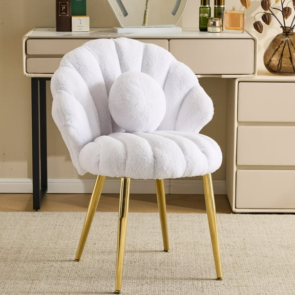 Ktaxon Vanity Makeup Chair with Teddy Velvet, Shell Design Accent Desk Chair with Lumbar Pillow and Gold Legs, Office Seating for Women White