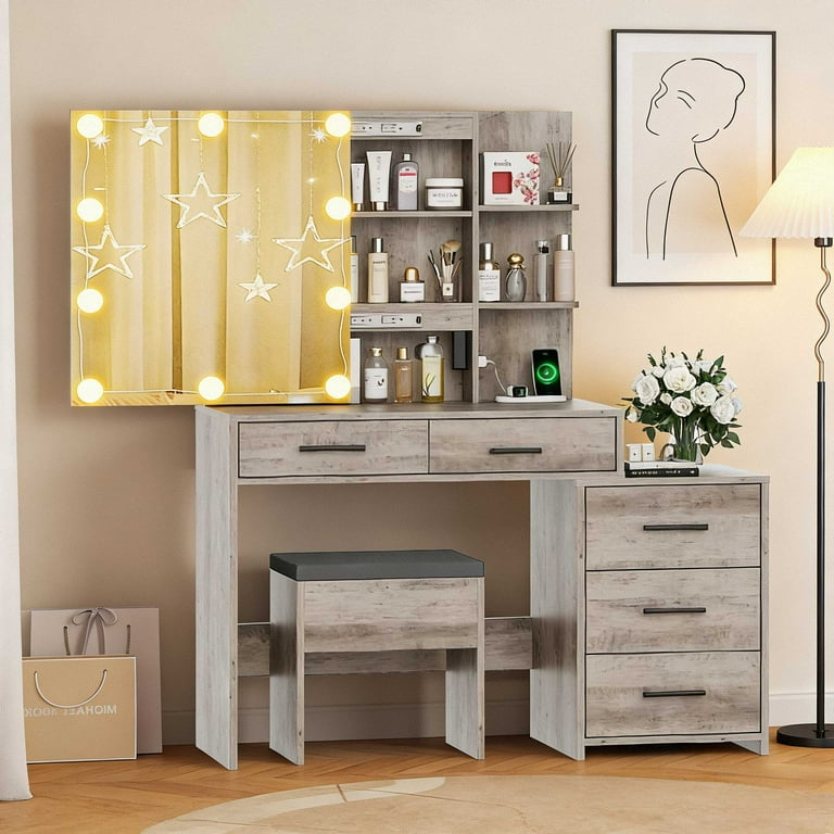 light grey dressing table Selena Grey Dressing Table With LED Mirror