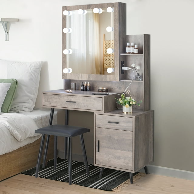 Ktaxon Vanity Set with 3 Color Lighted Mirror & Charging Station, Makeup Table with 3 Storage Shelves & Drawers, Dressing Table Makeup Desk with Stool,Retro Gray
