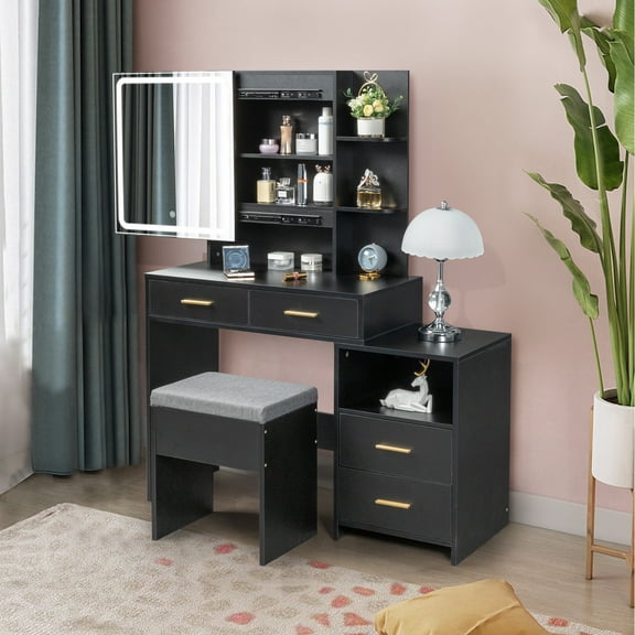 Ktaxon Vanity Set Makeup Vanity Dressing Table with Sliding Mirror, 4 Drawers & Shelves, Dresser Desk and Cushioned Stool Set, Black