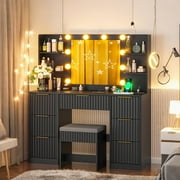 Ktaxon Makeup Vanity Set with 3 Color Lighted Mirror & Charging Station, Dressing Table w/ 7 Drawers for Femal Gift, Black