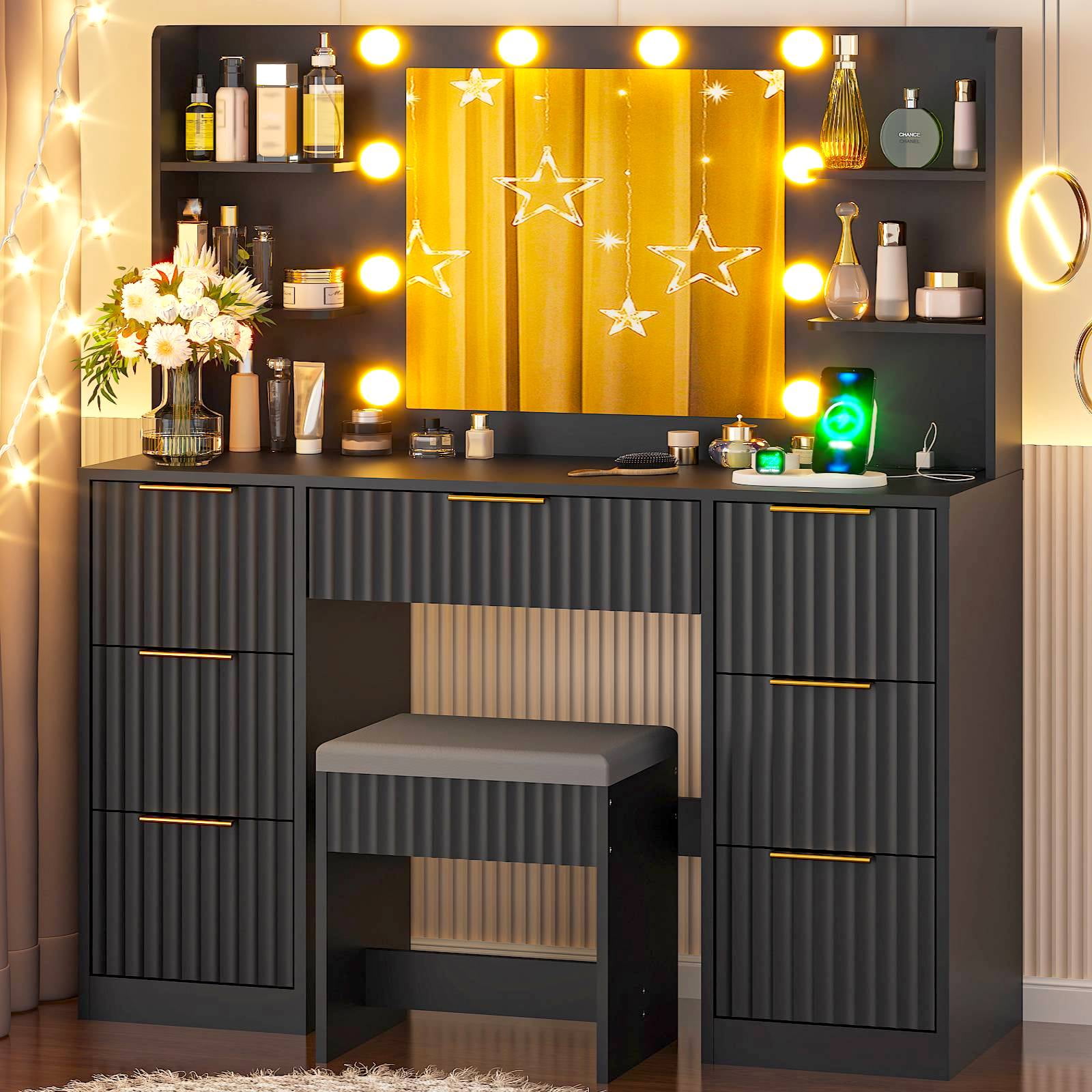 Ktaxon Makeup Vanity Set with 3 Color Lighted Mirror & Charging Station, Dressing Table w/ 7 Drawers for Femal Gift, Black