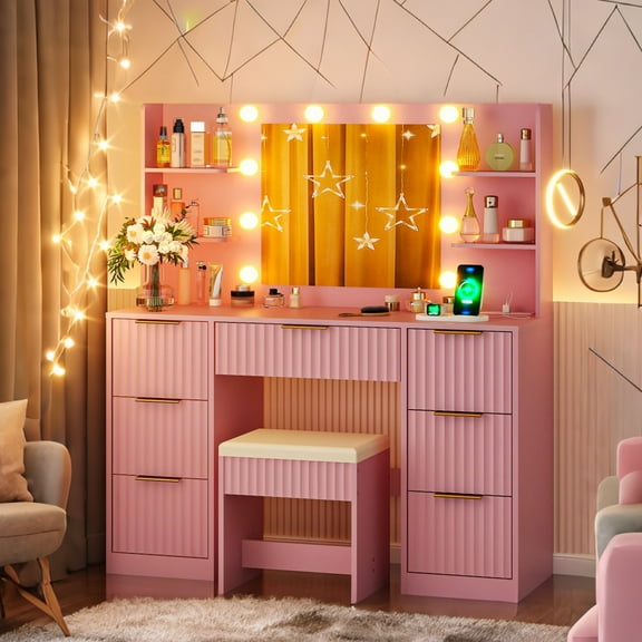 Ktaxon Makeup Vanity Set with 3 Color Lighted Mirror & Charging Station, Dressing Table w/ 7 Drawers for Femal Gift, Pink