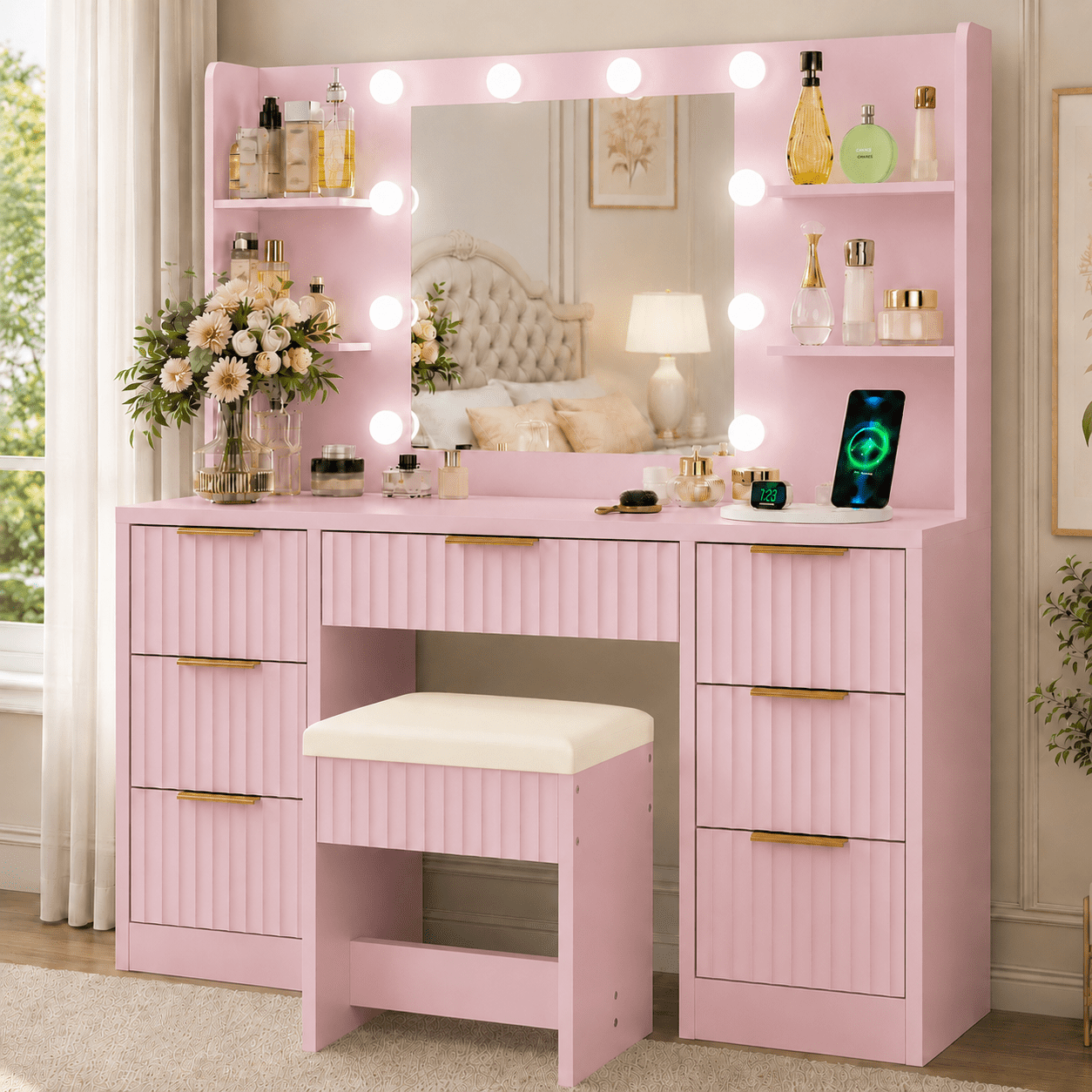 Ktaxon Makeup Vanity Set with 3 Color Lighted Mirror & Charging Station, Dressing Table w/ 7 Drawers for Femal Gift, Pink