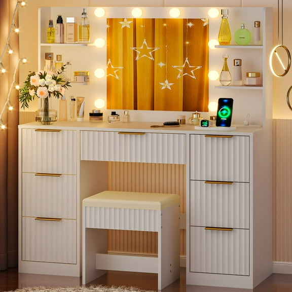 Ktaxon Get Ready with Me GRWM Makeup Vanity Set with 3 Color Lighted Mirror & Charging Station, Dressing Table w/ 7 Drawers for Femal Gift, White