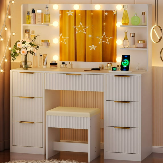 Ktaxon Get Ready with Me GRWM Makeup Vanity Set with 3 Color Lighted Mirror & Charging Station, Dressing Table w/ 7 Drawers for Femal Gift, White