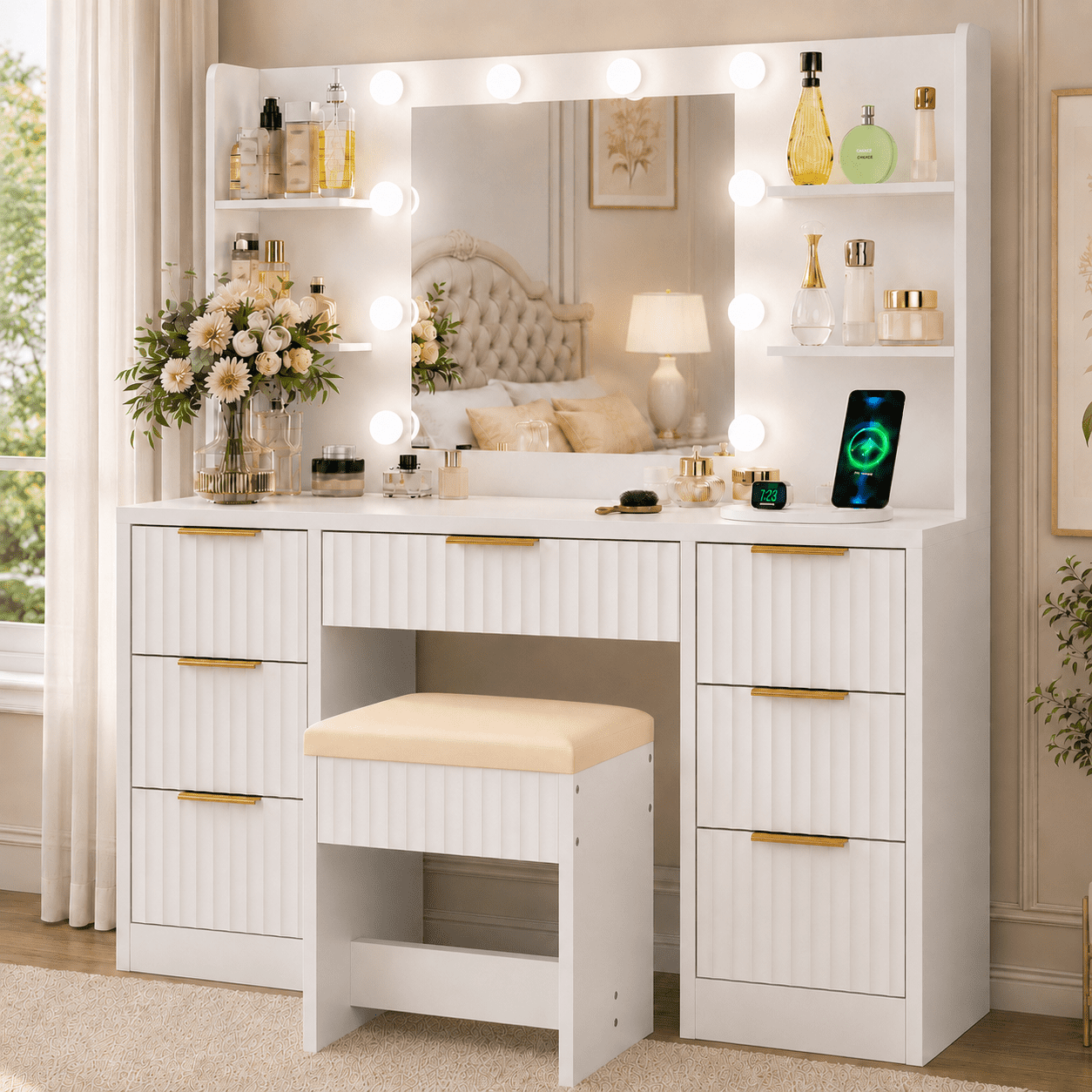Ktaxon Get Ready with Me GRWM Makeup Vanity Set with 3 Color Lighted Mirror & Charging Station, Dressing Table w/ 7 Drawers for Femal Gift, White