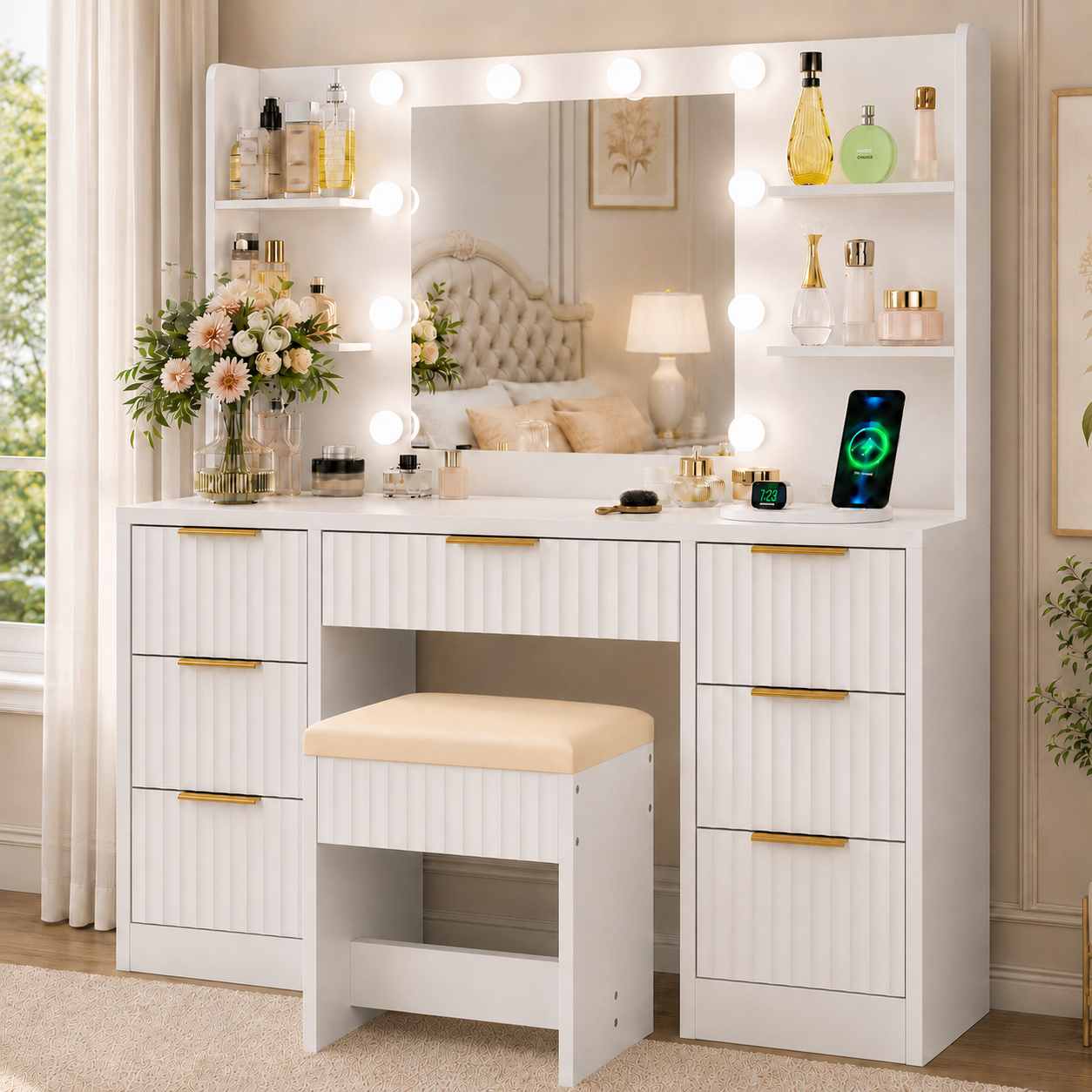 Get Ready with Me GRWM Makeup Vanity Set with 3 Color Lighted Mirror & Charging Station, Dressing Table w/ 7 Drawers for Femal Gift, White at Walmart