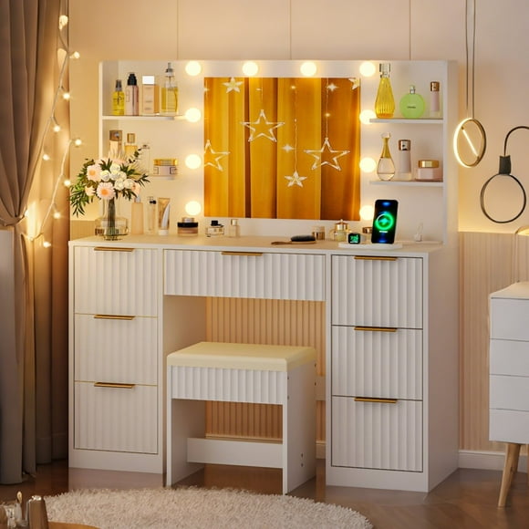 Ktaxon Get Ready with Me GRWM Makeup Vanity Set with 3 Color Lighted Mirror & Charging Station, Dressing Table w/ 7 Drawers for Femal Gift, White