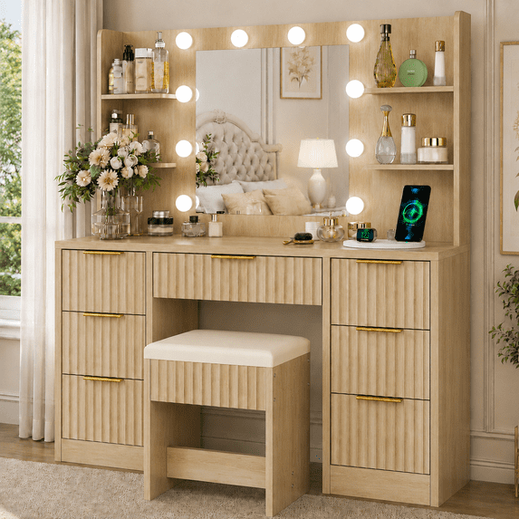 Ktaxon Makeup Vanity Set with 3 Color Lighted Mirror & Charging Station, Dressing Table w/ 7 Drawers for Femal Gift, Wood Color