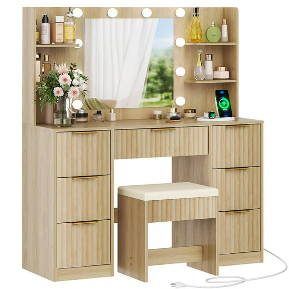 Ktaxon Makeup Vanity Set with 3 Color Lighted Mirror & Charging Station, Dressing Table w/ 7 Drawers for Femal Gift, Wood Color