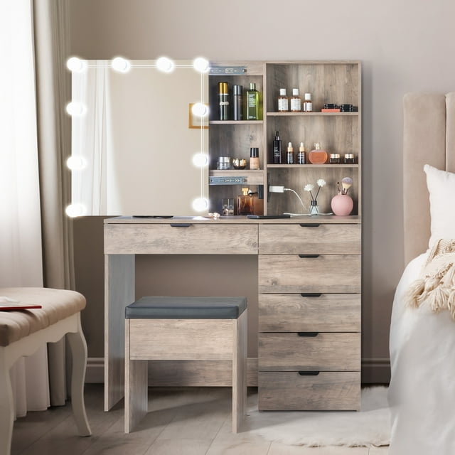 Ktaxon Vanity Set with 3 Color Lighted Mirror & Charging Station