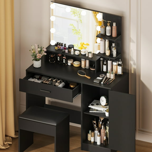 Ktaxon Vanity Set with 3 Color Lighted Mirror, Makeup Table with 3 Storage Shelves & Drawers, Dressing Table Makeup Desk with Stool,Black