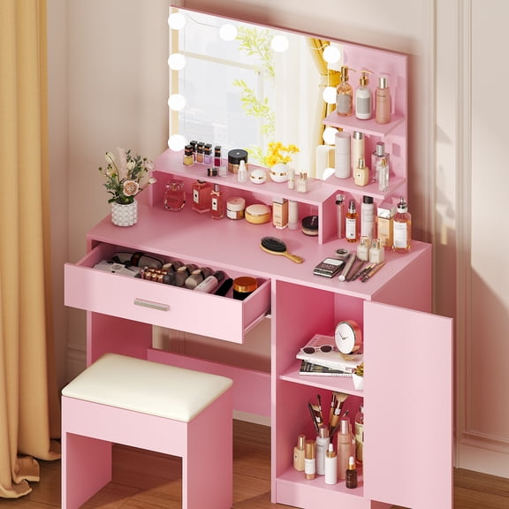 Ktaxon Vanity Set with 3 Color Lighted Mirror, Makeup Table with 3 Storage Shelves & Drawers, Dressing Table Makeup Desk with Stool,Pink