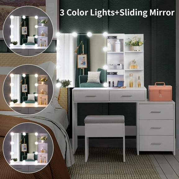 Ktaxon Vanity Set with 3 Color Lighted Mirror, Makeup Table with 3 Storage Shelves & Drawers, Dressing Table Makeup Desk with Stool,White