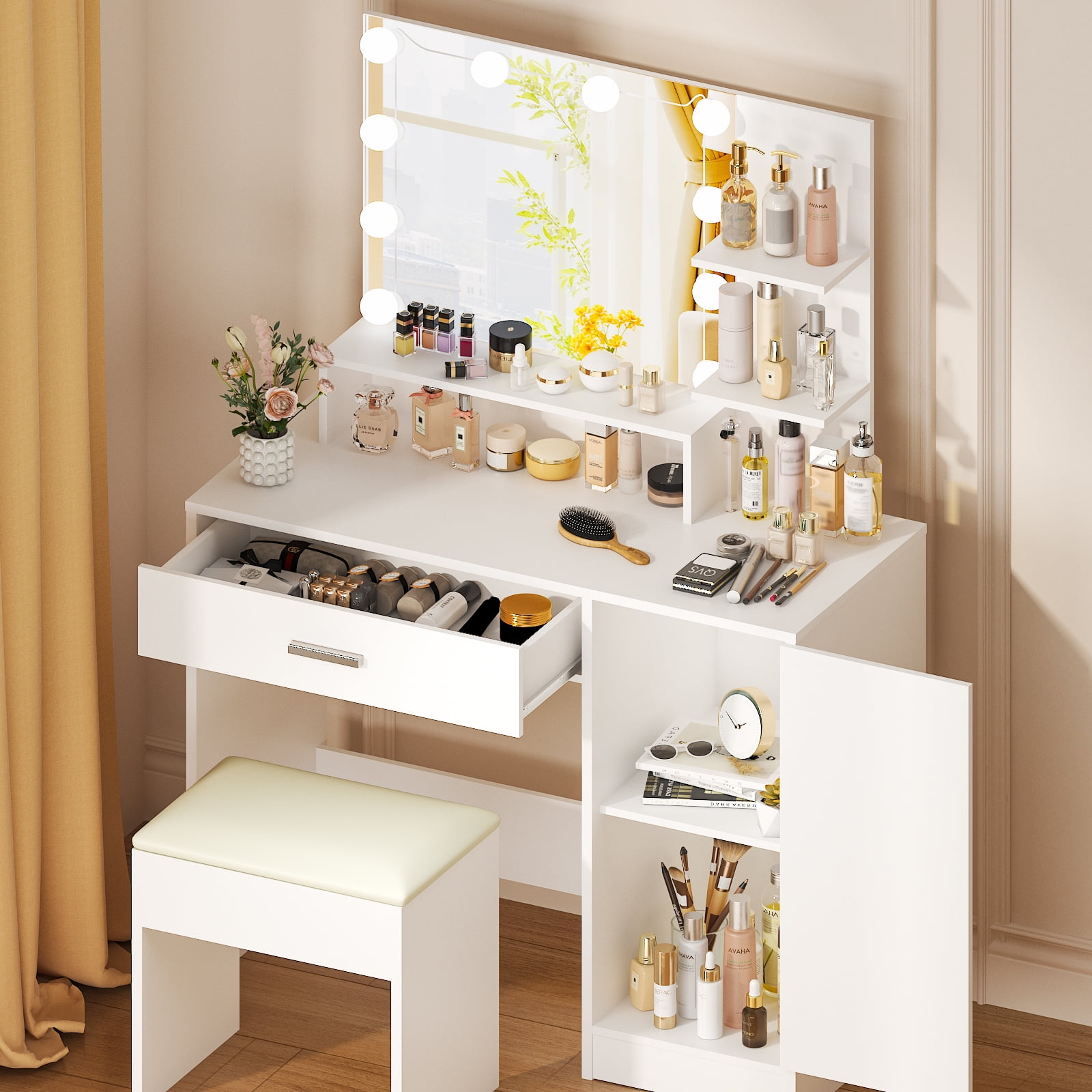 Ktaxon Vanity Set, White Dressing Table with 3-Color Lighted
