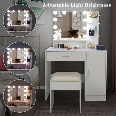 Ktaxon Vanity Set with 3 Color Lighted Mirror, Makeup Table with 3 Storage Shelves & Drawers, Dressing Table Makeup Desk with Stool,White