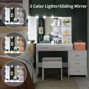 Ktaxon Vanity Set with 3 Color Lighted Mirror, Makeup Table with 3 Storage Shelves & Drawers, Dressing Table Makeup Desk with Stool,White