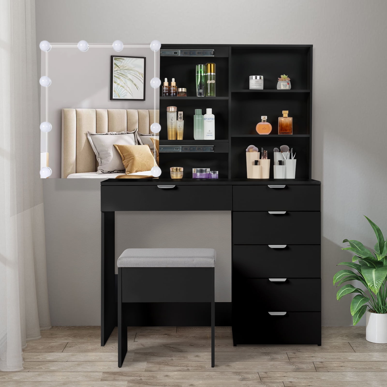 Ktaxon Vanity Set with 3 Color Lighted Mirror, Makeup Table with 6