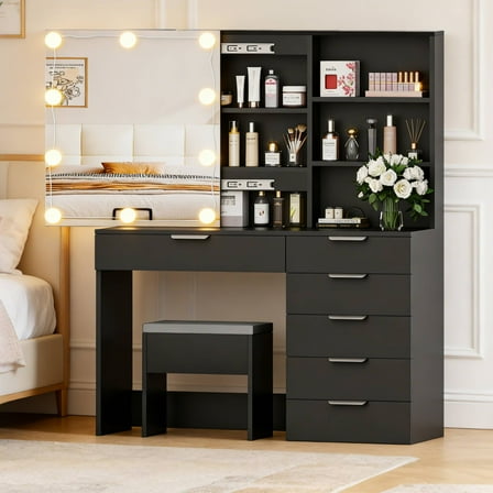 Ktaxon Vanity Set with 3 Color Lighted Mirror, Makeup Table with 6 Drawers, Dressing Table Makeup Desk with Stool,Black