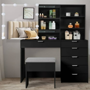 Ktaxon Vanity Set with 3 Color Lighted Mirror, Makeup Table with 6 Drawers, Dressing Table Makeup Desk with Stool,Black