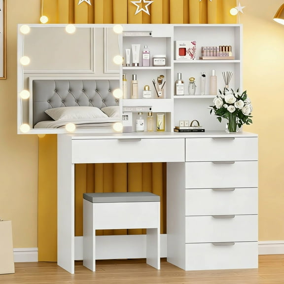 Ktaxon Vanity Set with 3 Color Lighted Mirror, Makeup Table with 6 Drawers, Dressing Table Makeup Desk with Stool,White