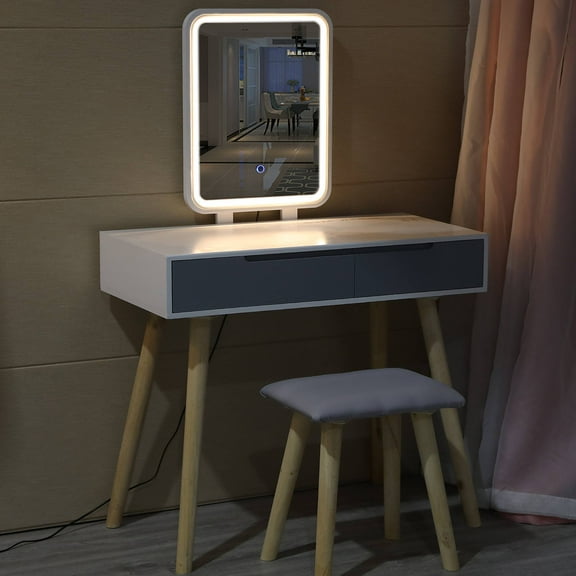 Ktaxon Vanity Set with Rectangle Lighted Mirror, Makeup Dressing Table with LED Light Cushioned Stool Set,Bedroom Vanities Set White