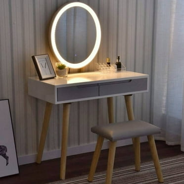 Ktaxon Vanity Set with Round Lighted Mirror, Makeup Dressing Table with LED Light & Cushioned Stool Set,Bedroom Vanities Set White
