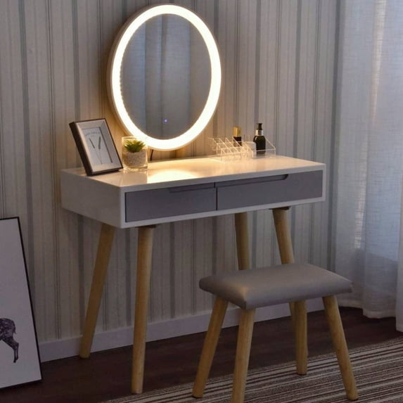 Ktaxon Vanity Set with Round Lighted Mirror, Makeup Dressing Table with LED Light & Cushioned Stool Set,Bedroom Vanities Set White