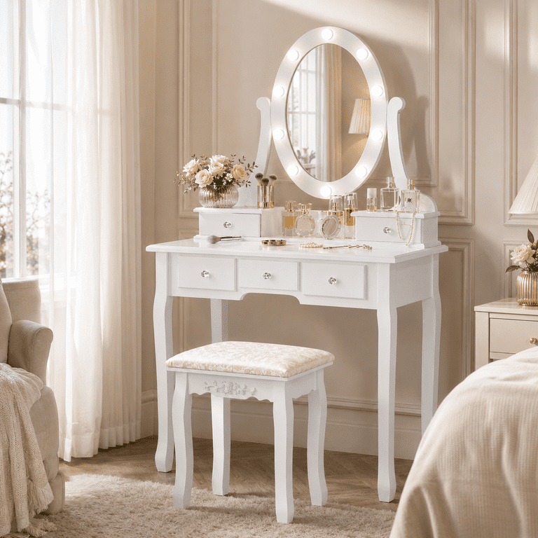 Ktaxon Vanity Table 10 LED Lights, 5 Drawers Makeup Dressing Desk with Cushioned Stool Set,Bedroom Vanities Set White, Size: 31.500 inch
