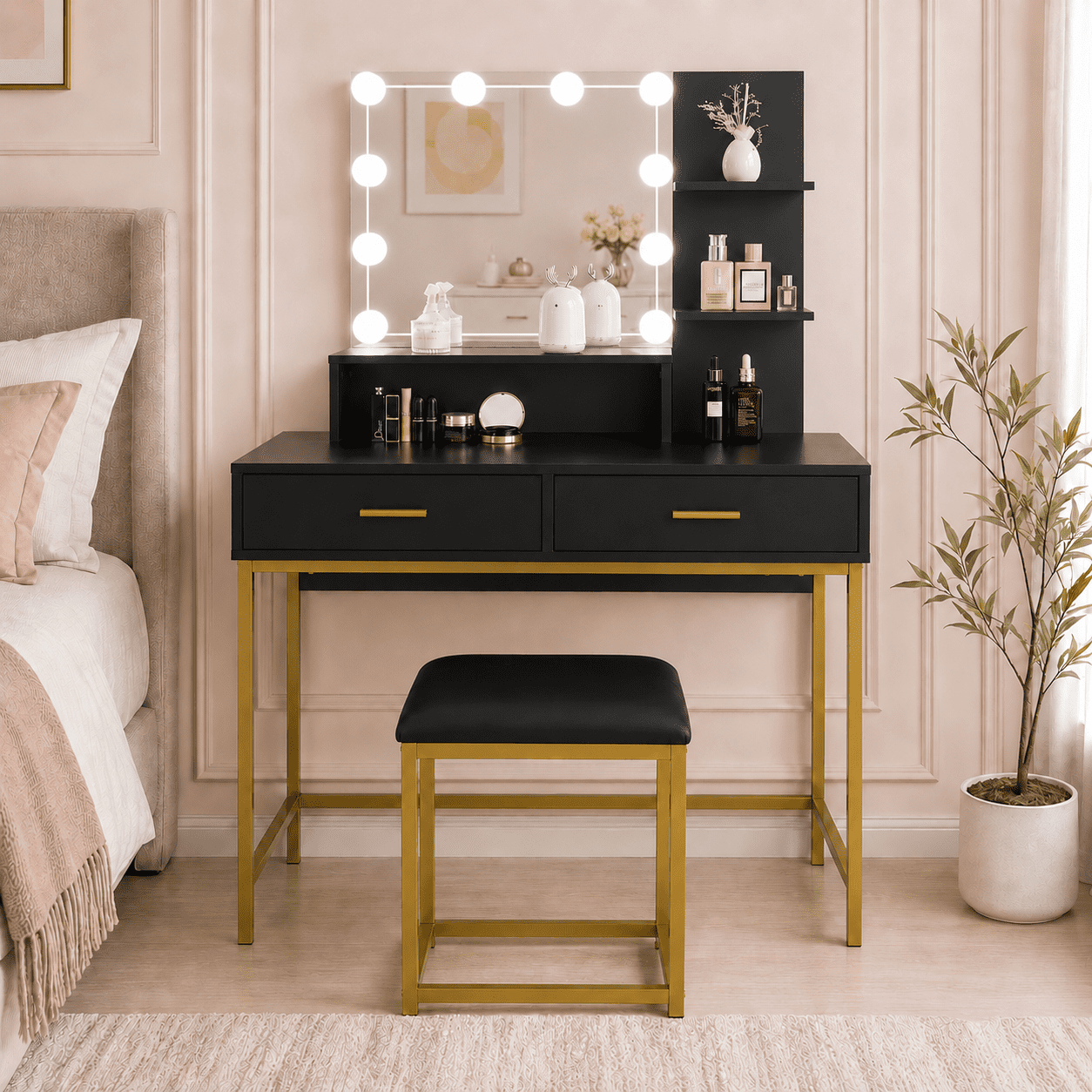 gold dressing table set Ktaxon Vanity Table with 3 Color Lighted Mirror, Makeup Vanity Dressing  Table with 10 Lights and 2 Drawers for Women, Dresser Desk Vanity Set for