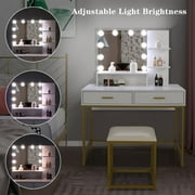Ktaxon Vanity Table Set with 3 Color Lighted Mirror & Stool, Makeup Vanity Dressing Table, 2 Drawers and Storage Shelves for Bedroom, Gold Vanity Desk for Women Girls (White)