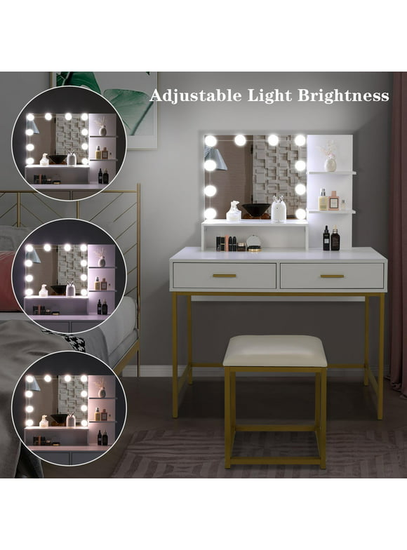 Ktaxon Vanity Table Set with 3 Color Lighted Mirror & Stool, Makeup Vanity Dressing Table, 2 Drawers and Storage Shelves for Bedroom, Gold Vanity Desk for Women Girls (White)