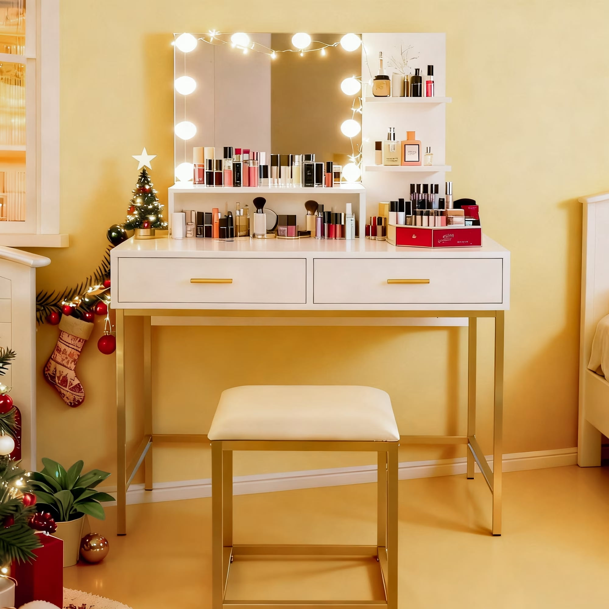 gold dressing table set Dressing Table: Gold and White Vanity Set with Lighted Mirror & Stool –  Studio GKW main image 1