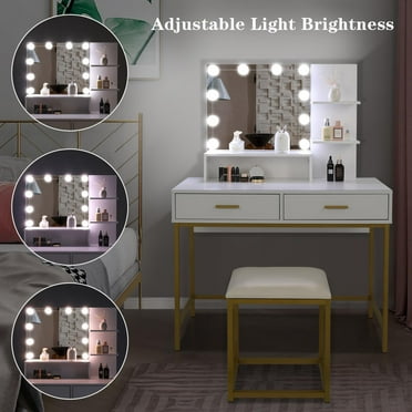 Ktaxon Vanity Table Set with 3 Color Lighted Mirror & Stool, Makeup Vanity Dressing Table, 2 Drawers and Storage Shelves for Bedroom, Gold Vanity Desk for Women (White)