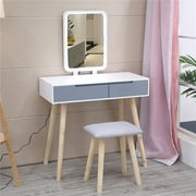 Ktaxon Vanity Table Set with Adjustable Brightness Mirror and Cushioned Stool, Dressing Table Vanity Makeup Table with Free Make-up Organizer(Square Mirror)